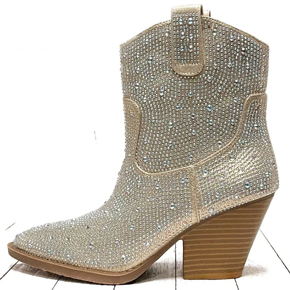 New Women Champagne Gold Blingy Rhinestone Cowboy Western Ankle Boots Booties - Picture 4 of 6